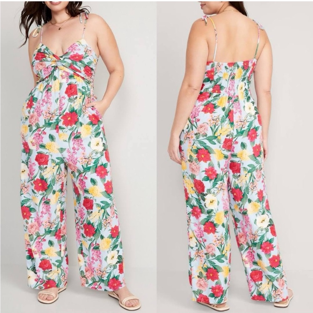 NEW Old Navy Multifloral Tie-Shoulder Cropped Twist-Front Smocked Jumpsuit - M - Picture 4 of 16
